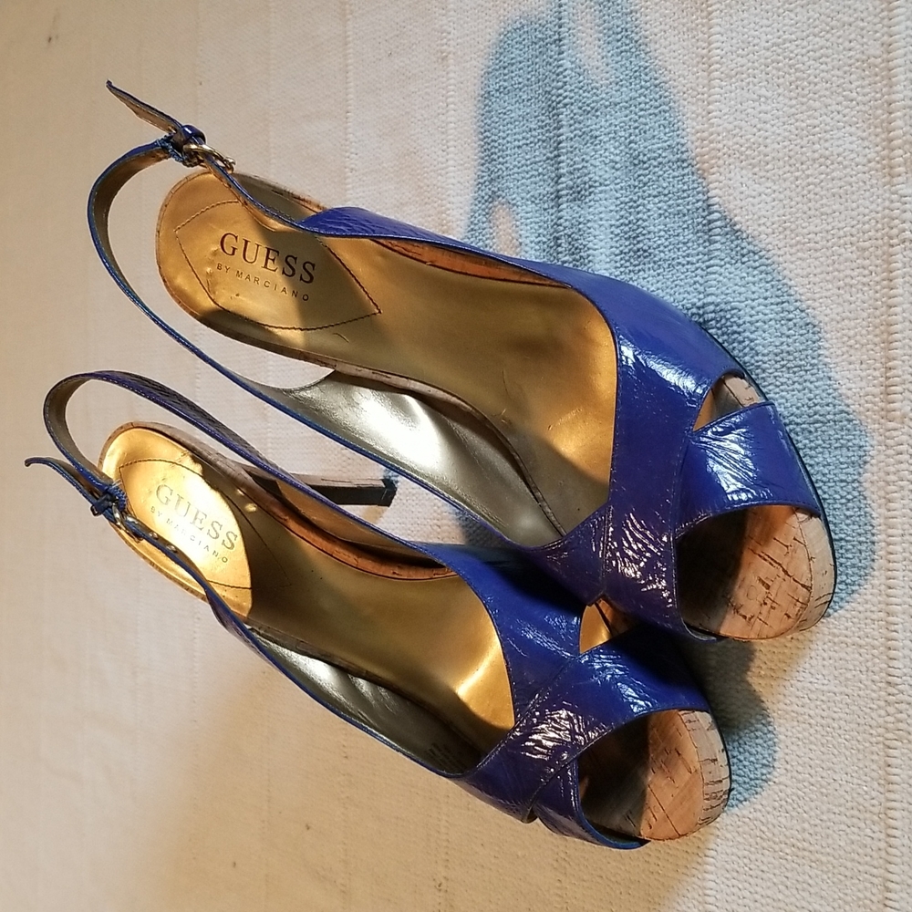 GUESS Morissa Blue Patent Leather Peep Toe Sling Back Heels